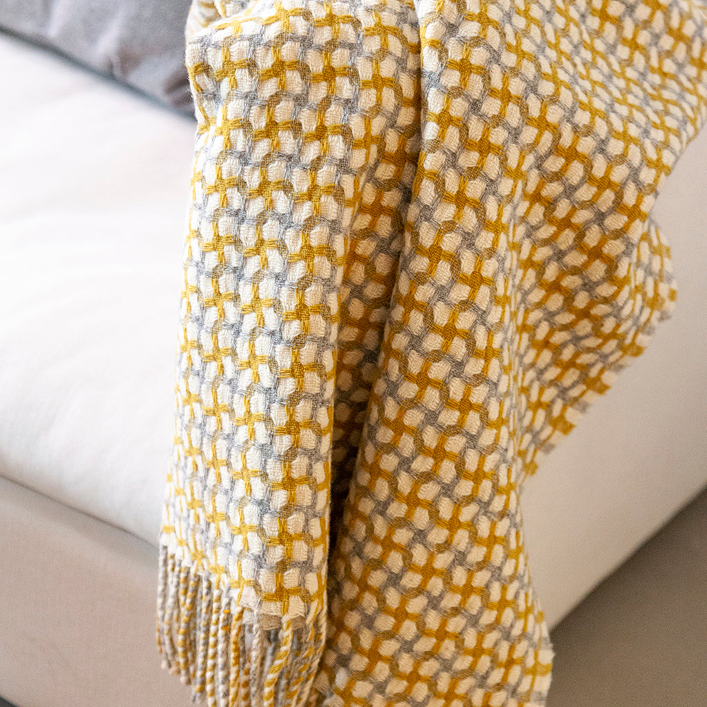 Burel Factory represented by 55° North Blanket, Gathering Blanket Light Grey, Mustard Yellow and Pearl 90/39