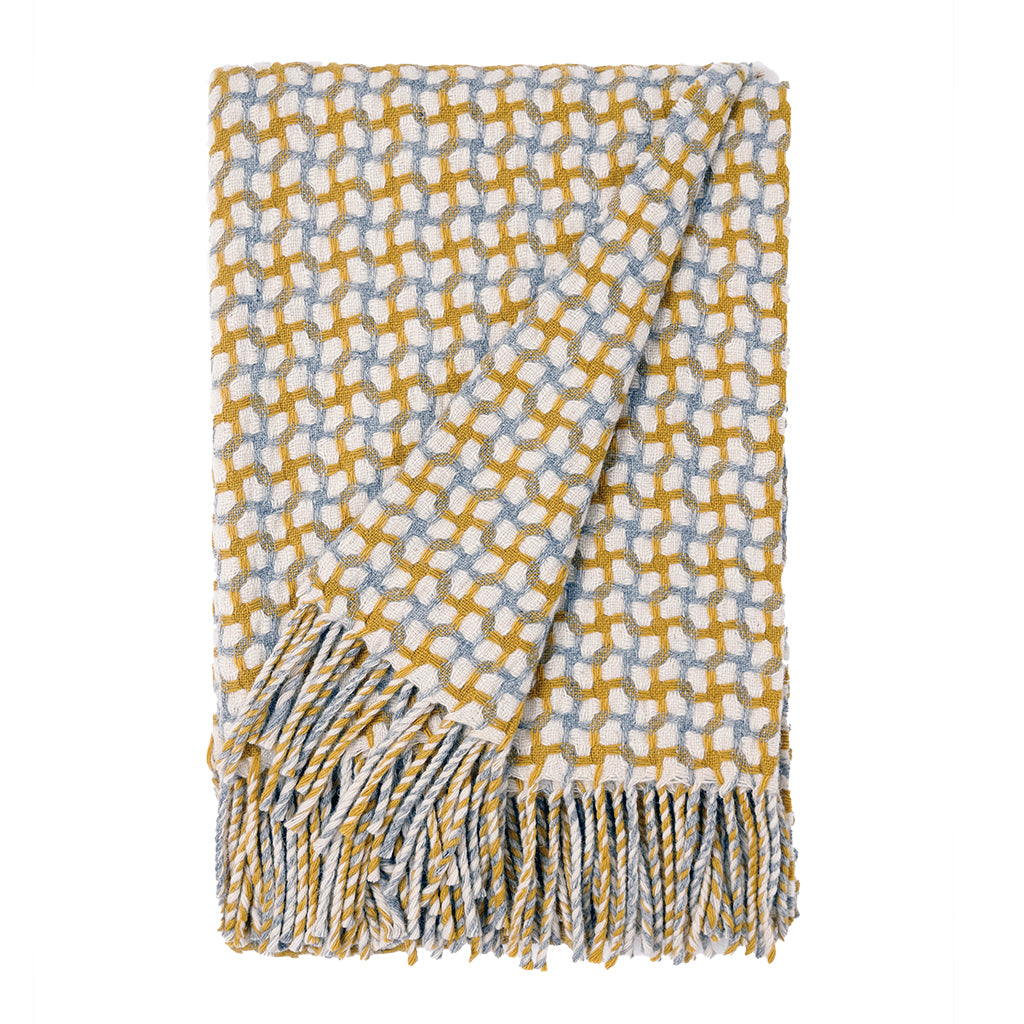 Burel Factory represented by 55° North Blanket, Gathering Blanket Light Grey, Mustard Yellow and Pearl 90/39